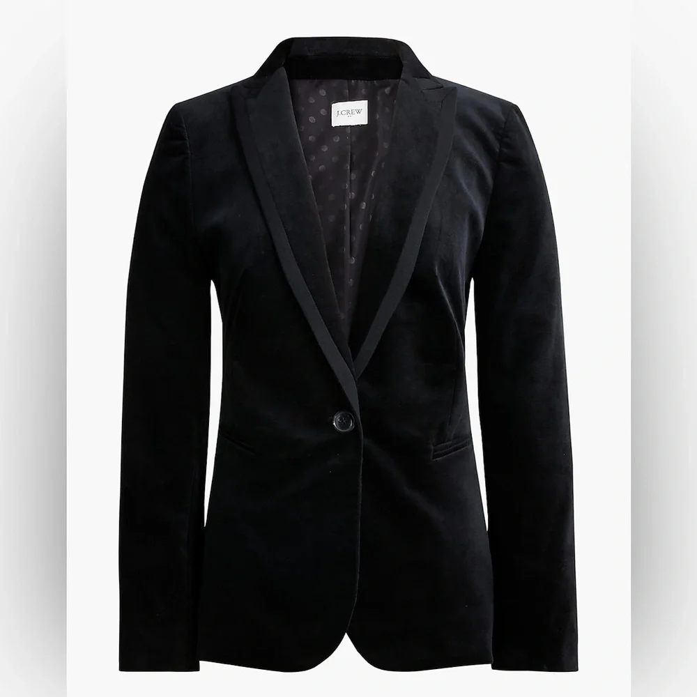 NWT J. Crew Petite Black velvet one-button blazer Piped Ribbon trimmed poetcore